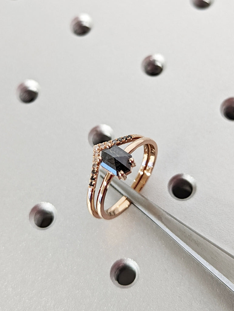 Raw Diamond, Salt and Pepper, Hexagon, Unique Engagement Ring, Bridal Set, Rose Cut Geometric Diamond Ring, 14k Gold, Custom Handmade