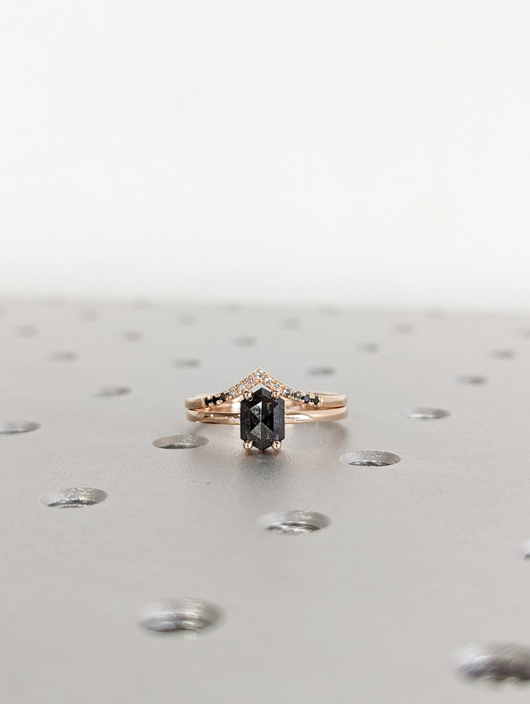 Raw Diamond, Salt and Pepper, Hexagon, Unique Engagement Ring, Bridal Set, Rose Cut Geometric Diamond Ring, 14k Gold, Custom Handmade