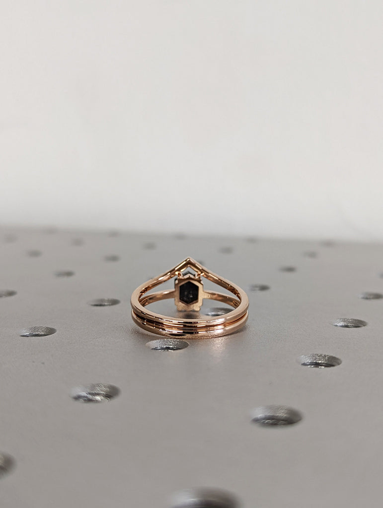 Raw Diamond, Salt and Pepper, Hexagon, Unique Engagement Ring, Bridal Set, Rose Cut Geometric Diamond Ring, 14k Gold, Custom Handmade