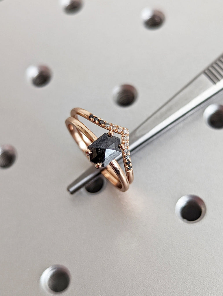 Raw Diamond, Salt and Pepper, Hexagon, Unique Engagement Ring, Bridal Set, Rose Cut Geometric Diamond Ring, 14k Gold, Custom Handmade
