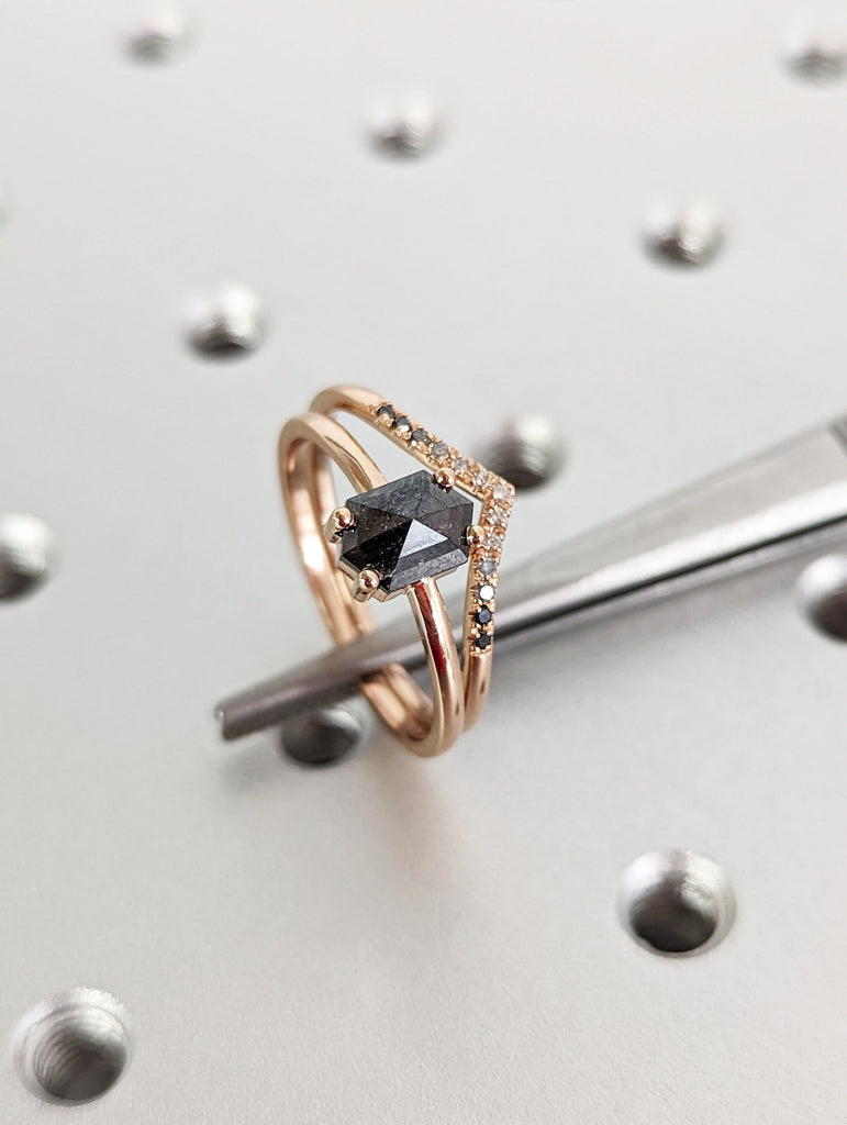 Raw Diamond, Salt and Pepper, Hexagon, Unique Engagement Ring, Bridal Set, Rose Cut Geometric Diamond Ring, 14k Gold, Custom Handmade