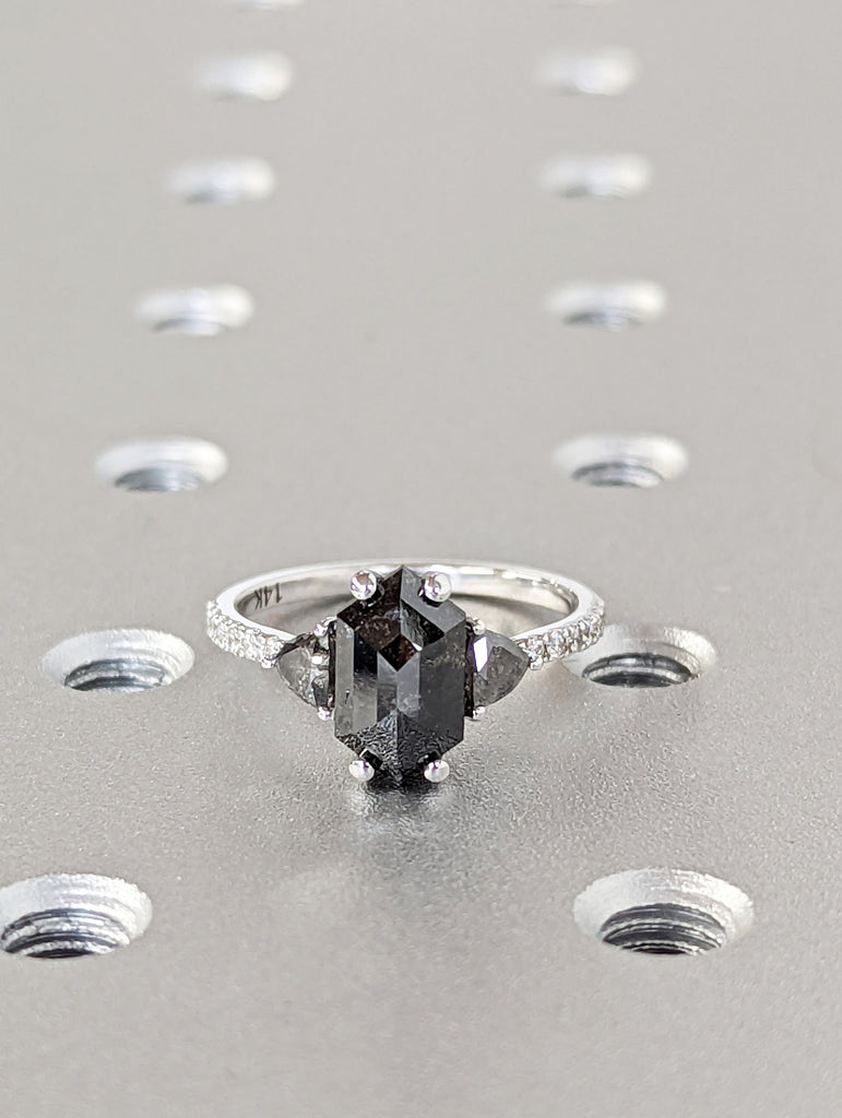 Raw Diamond Hexagon Triangle Diamond, Salt and Pepper, Unique Engagement Ring, Rose Cut Geometric Diamond Ring, 14k Gold, Custom Handmade