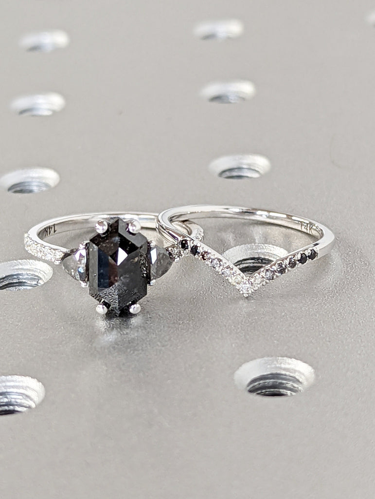 Raw Diamond Hexagon Triangle Diamond, Salt and Pepper, Unique Engagement Ring, Rose Cut Geometric Diamond Ring, 14k Gold, Custom Handmade
