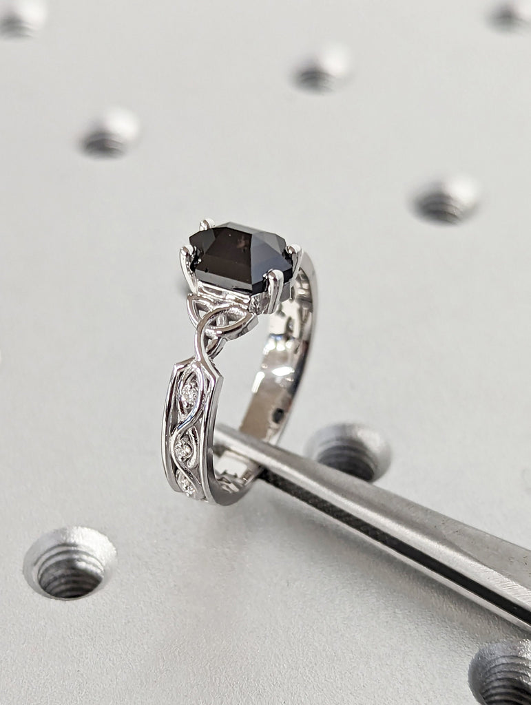 Unique Hexagon Diamond Vintage Celtic Engagement Ring Bridal Set, Salt And Pepper Diamond Hexagon Shaped Set, Twisted Engagement Ring
