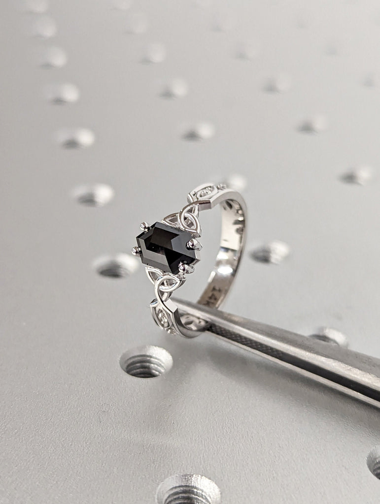 Unique Hexagon Diamond Vintage Celtic Engagement Ring Bridal Set, Salt And Pepper Diamond Hexagon Shaped Set, Twisted Engagement Ring