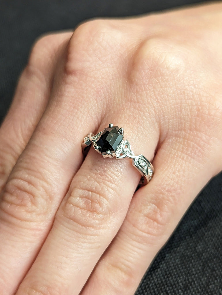 Unique Hexagon Diamond Vintage Celtic Engagement Ring Bridal Set, Salt And Pepper Diamond Hexagon Shaped Set, Twisted Engagement Ring