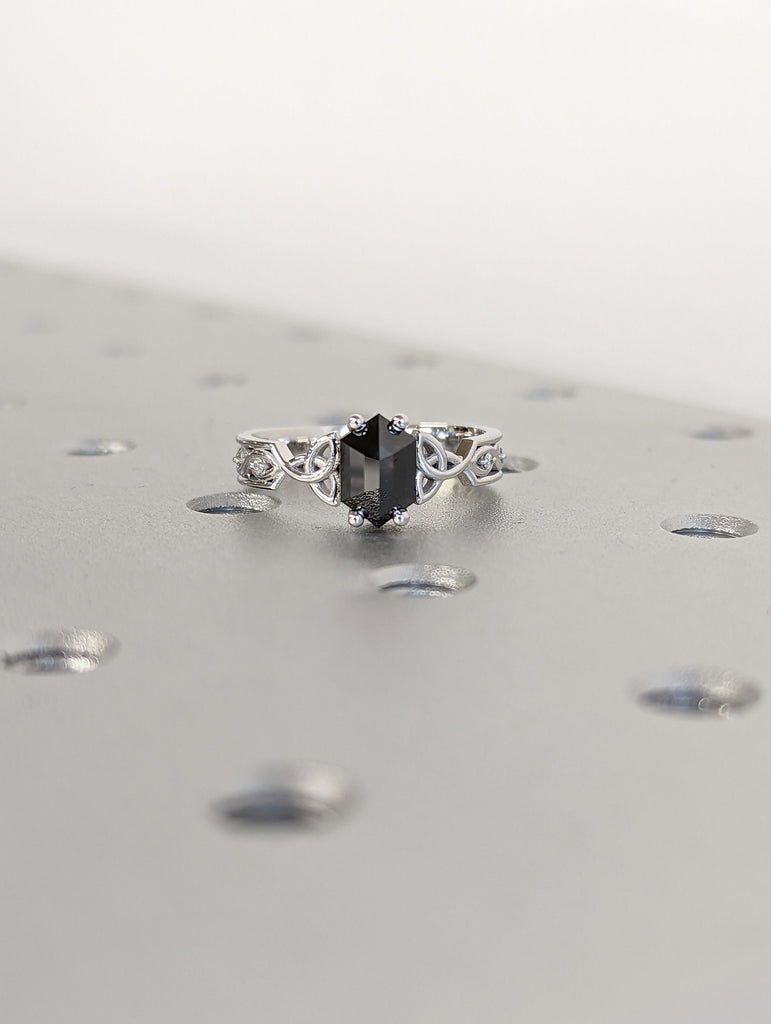 Unique Hexagon Diamond Vintage Celtic Engagement Ring Bridal Set, Salt And Pepper Diamond Hexagon Shaped Set, Twisted Engagement Ring