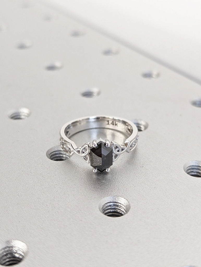 Unique wedding ring set vintage Diamond engagement ring set Hexagon cut ring art deco antique dainty Salt And Pepper ring 14k gold for women