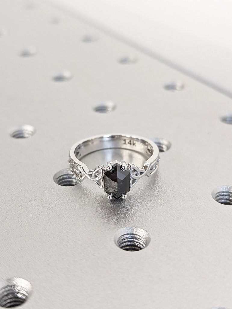 Unique Hexagon Diamond Vintage Celtic Engagement Ring Bridal Set, Salt And Pepper Diamond Hexagon Shaped Set, Twisted Engagement Ring