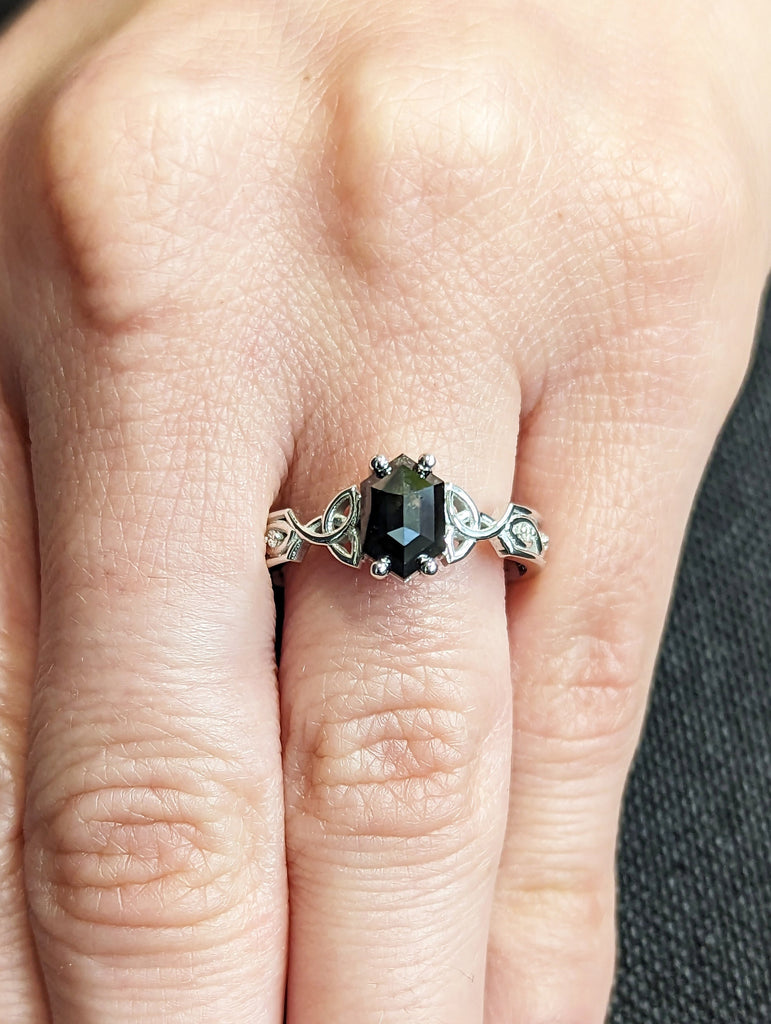 Unique wedding ring set vintage Diamond engagement ring set Hexagon cut ring art deco antique dainty Salt And Pepper ring 14k gold for women