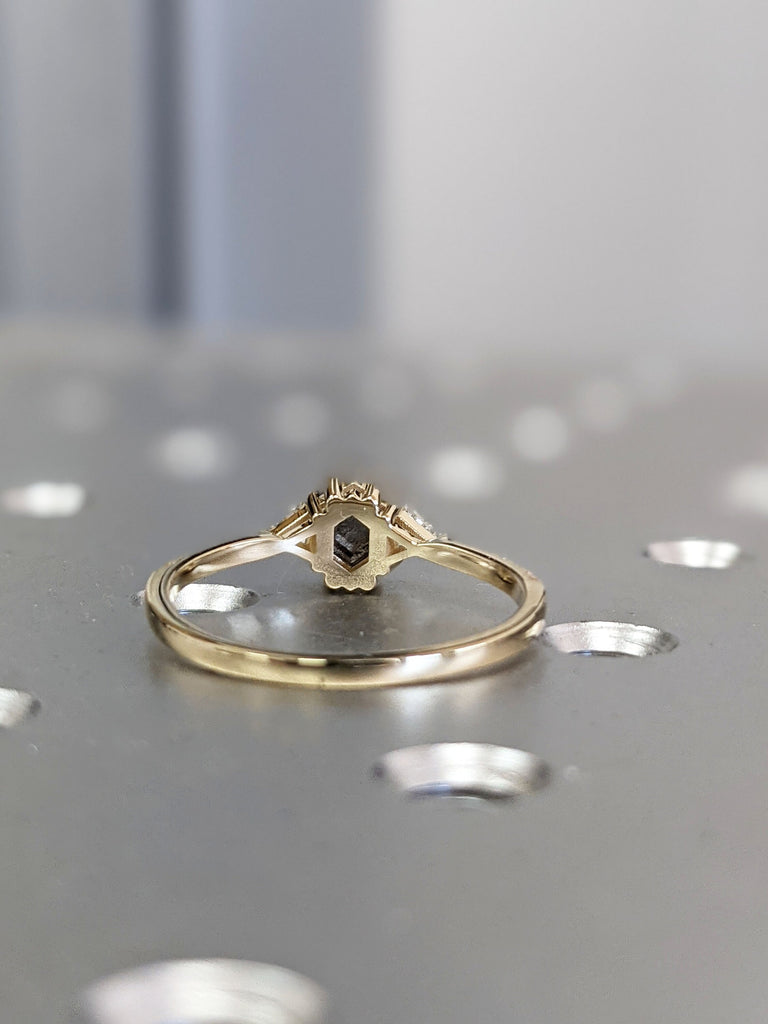 Raw Diamond Hexagon Triangle Diamond, Salt and Pepper, Unique Engagement Ring, Rose Cut Geometric Diamond Ring, 14k Gold, Custom Handmade