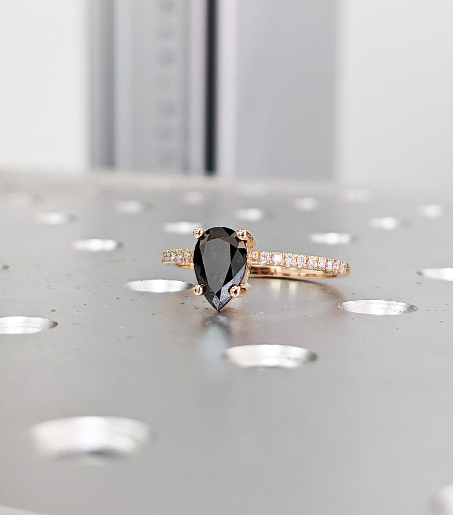 1 Carat 1920's Raw Salt and Pepper Diamond, Pear Diamond Ring, Unique Engagement Bridal Set, Black, Gray Pear, 18k Yellow, Rose White Gold