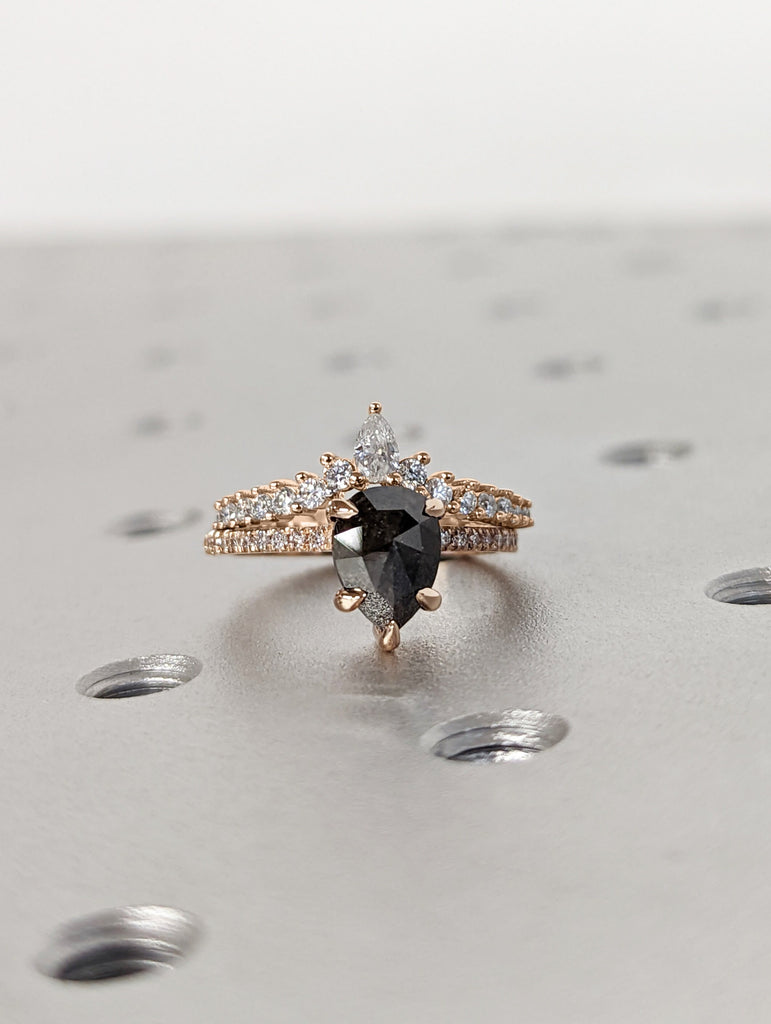 1.5 Carat 1920's Raw Salt and Pepper Diamond, Pear Diamond Ring, Unique Engagement Bridal , Black, Gray Pear 14k Yellow, Rose White Gold