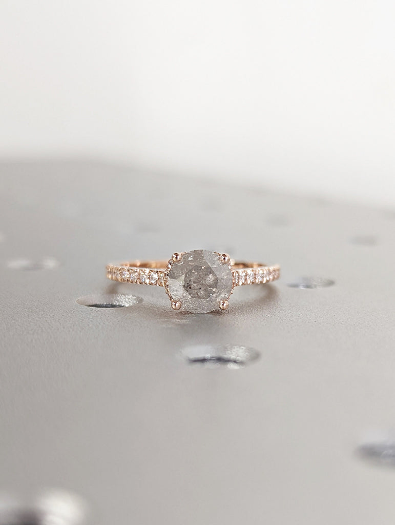 Salt and pepper engagement ring round cut vintage engagement ring prong set ring diamond ring rose gold anniversary ring