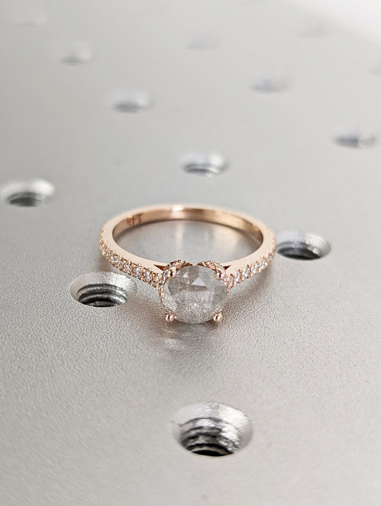 Salt and pepper engagement ring round cut vintage engagement ring prong set ring diamond ring rose gold anniversary ring