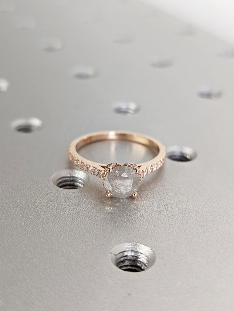 Salt and pepper engagement ring round cut vintage engagement ring prong set ring diamond ring rose gold anniversary ring