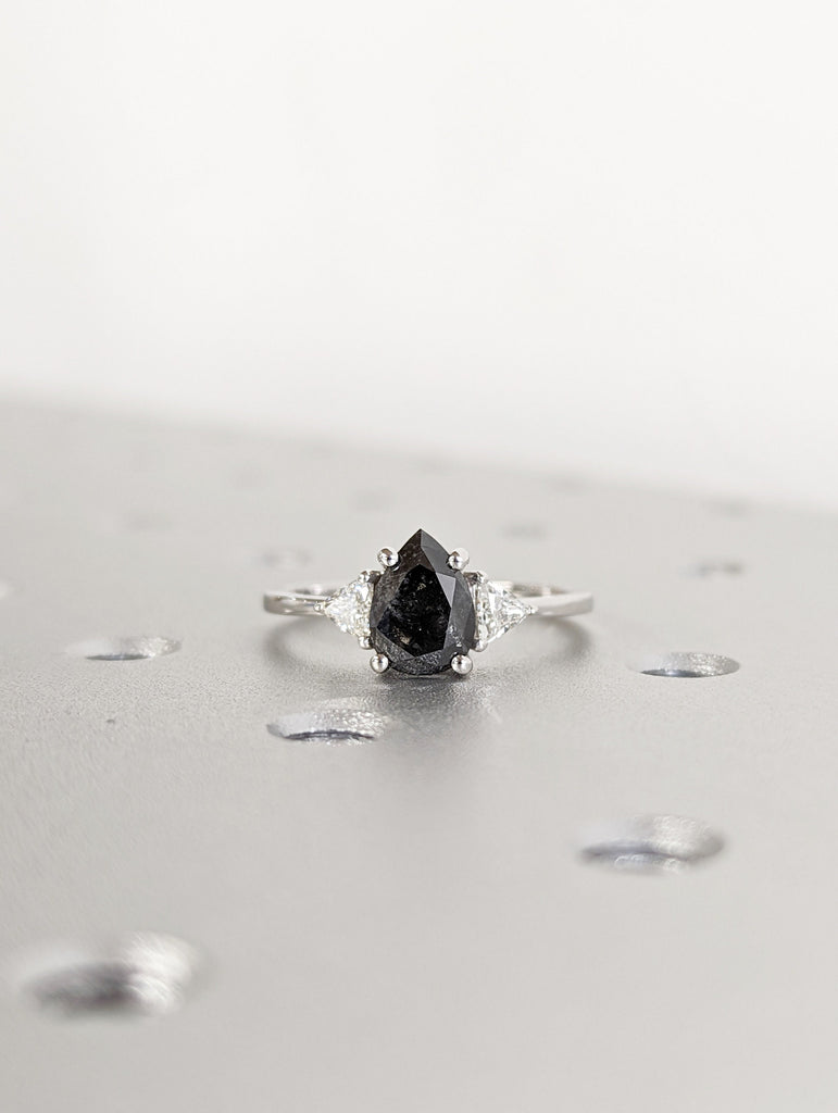 1.75 Carat 1920's Raw Salt and Pepper Diamond, Pear Diamond Ring, Unique Engagement Bridal Set, Black Gray Pear, 14k Yellow, Rose White Gold