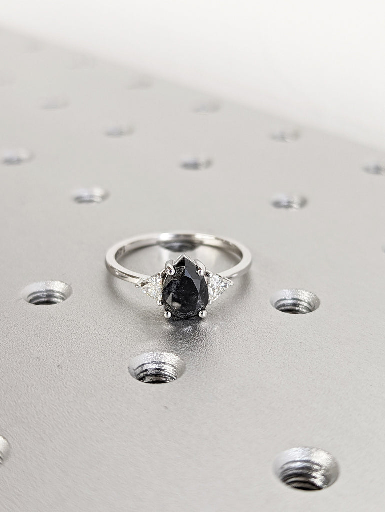 1.75 Carat 1920's Raw Salt and Pepper Diamond, Pear Diamond Ring, Unique Engagement Bridal Set, Black Gray Pear, 14k Yellow, Rose White Gold