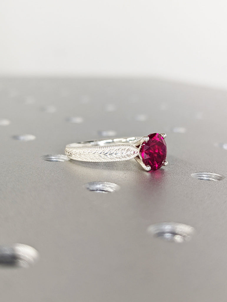 Unique Lab created Ruby Engagement Ring Vintage Engagement Ring Nature Inspired Leaf Ring Alternative Gemstone Ring Promise ring for her