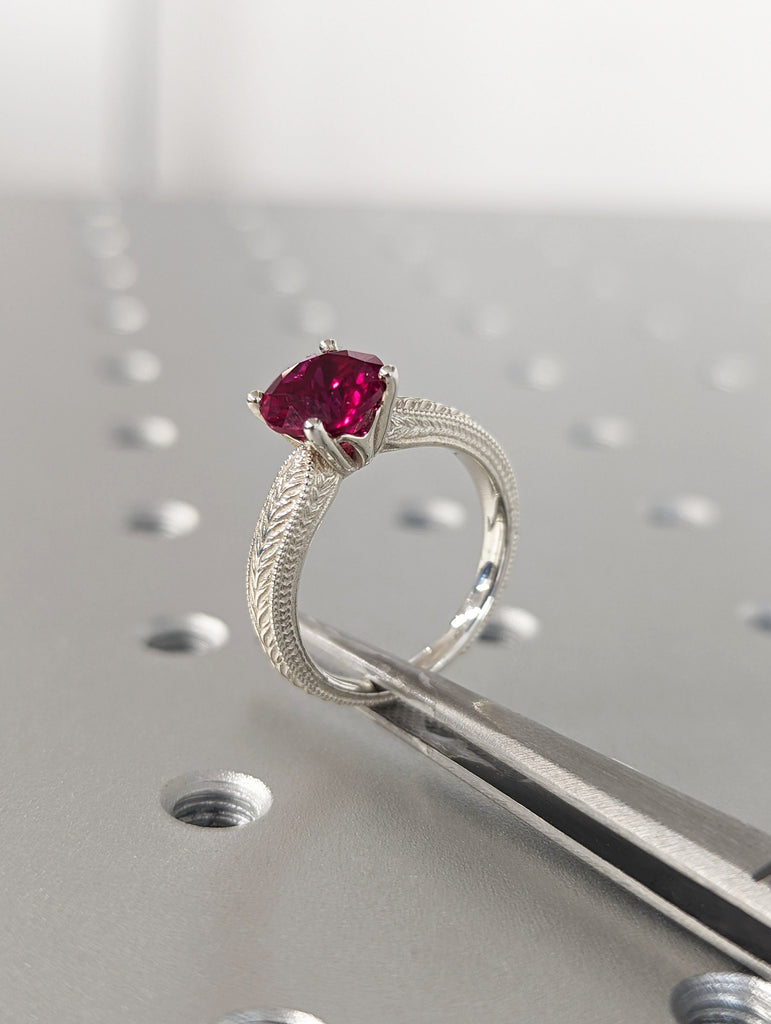 Unique Lab created Ruby Engagement Ring Vintage Engagement Ring Nature Inspired Leaf Ring Alternative Gemstone Ring Promise ring for her