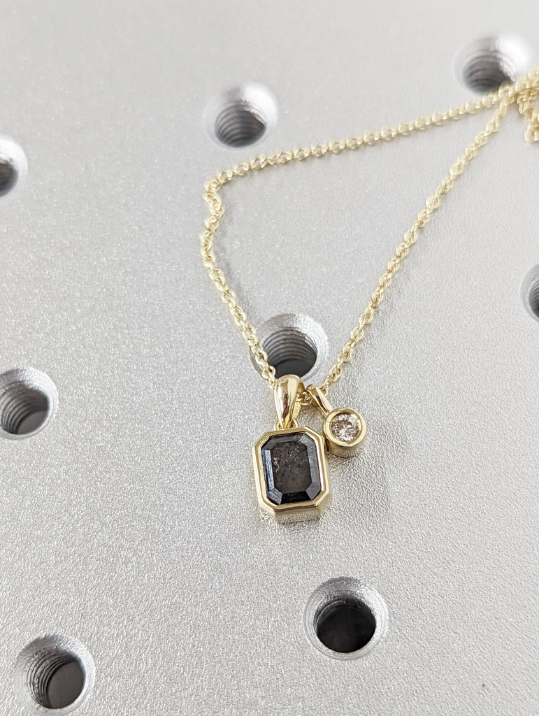 Salt And Pepper Diamond Solitaire Necklace 14k Yellow Gold / Diamond Bezel Necklace / 14k Gold Diamond Solitaire Pendant / Delicate