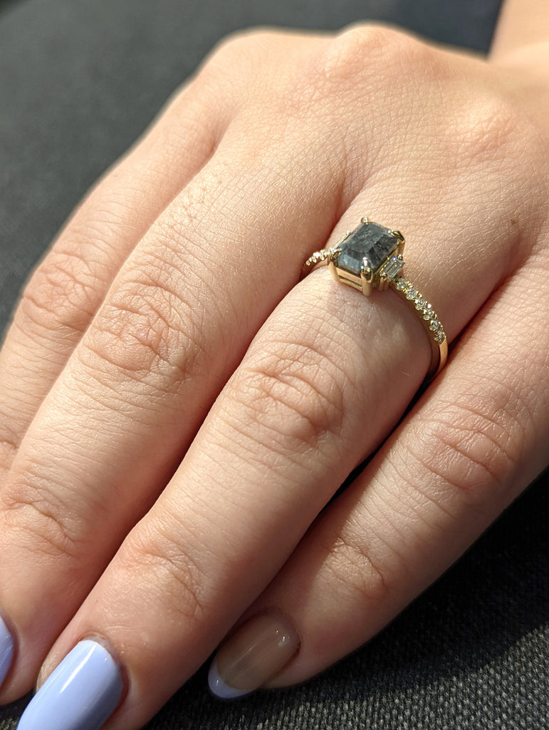 Raw Diamond Emerald Baguette Diamond, Salt and Pepper, Unique Engagement Ring, Rose Cut Geometric Diamond Ring, 14k Gold, Custom Handmade