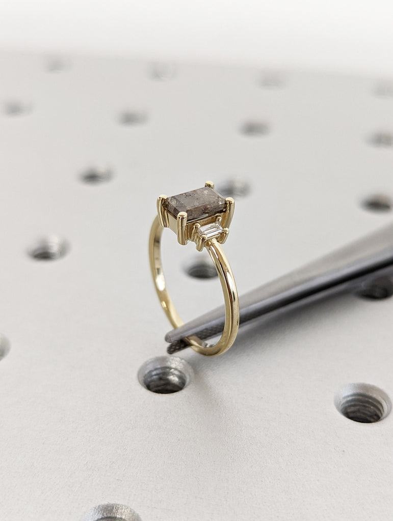 Raw Diamond baguette Diamond, Salt and Pepper, Unique Bridal Engagement, Rose Cut Geometric Diamond Ring, Custom Handmade