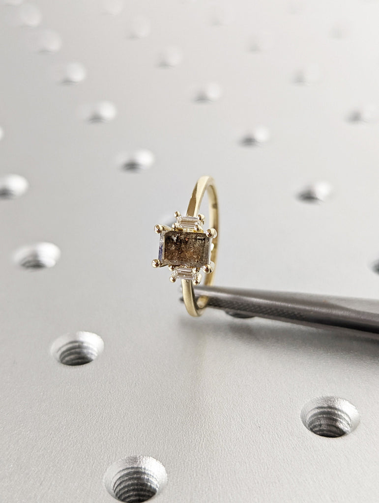 Raw Diamond baguette Diamond, Salt and Pepper, Unique Bridal Engagement, Rose Cut Geometric Diamond Ring, Custom Handmade