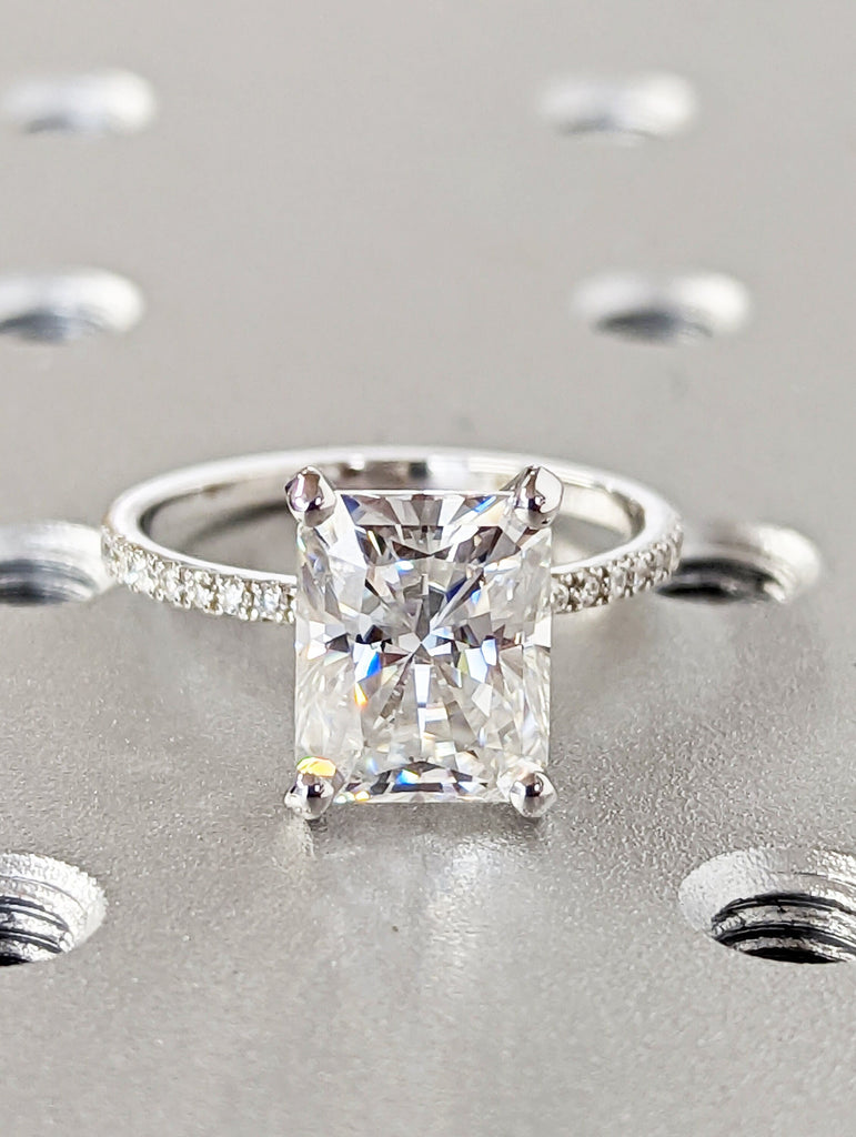 Radiant cut moissanite engagement ring Unique 18k white gold engagement ring vintage solitaire moissanite Bridal ring Anniversary ring gift