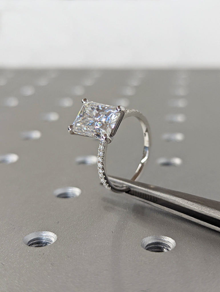 Radiant cut moissanite diamond engagement ring Unique 18k white gold engagement ring solitaire moissanite Bridal ring Anniversary ring gift