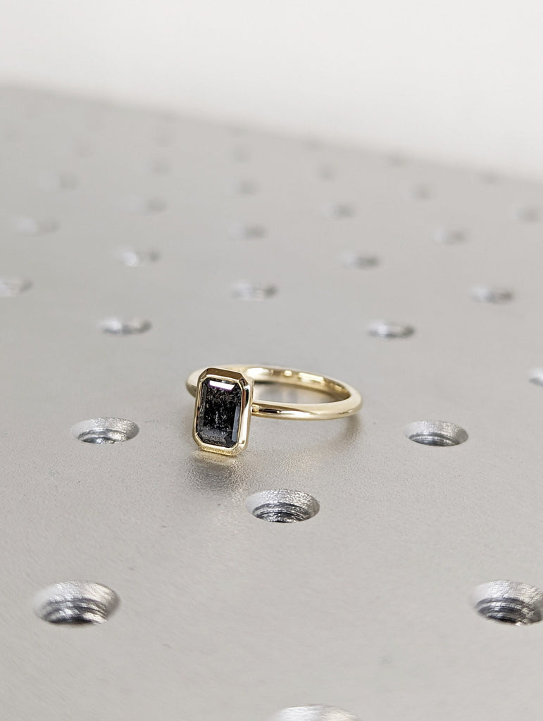 1CT Emerald Cut Salt And Pepper Diamond Solitaire Ring, 14K Yellow Gold Engagement Ring, Bezel Setting, Statement Ring, Gift For Her