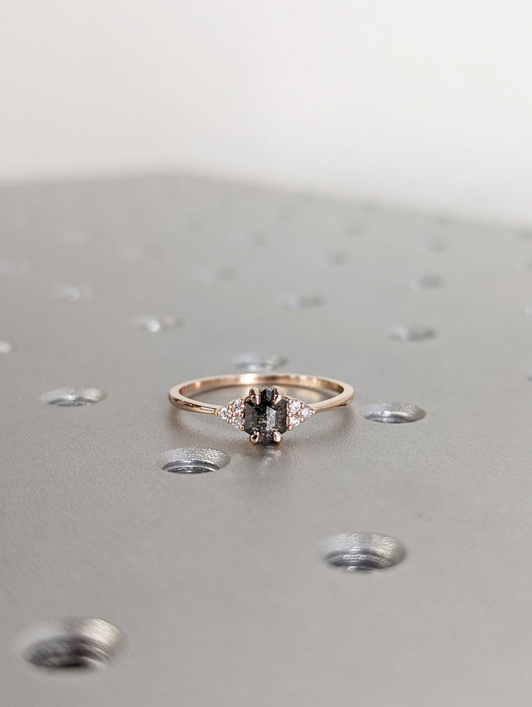 Vintage salt and pepper diamond engagement ring rose gold engagement ring diamond cluster ring wedding Bridal Anniversary Hexagon Cut