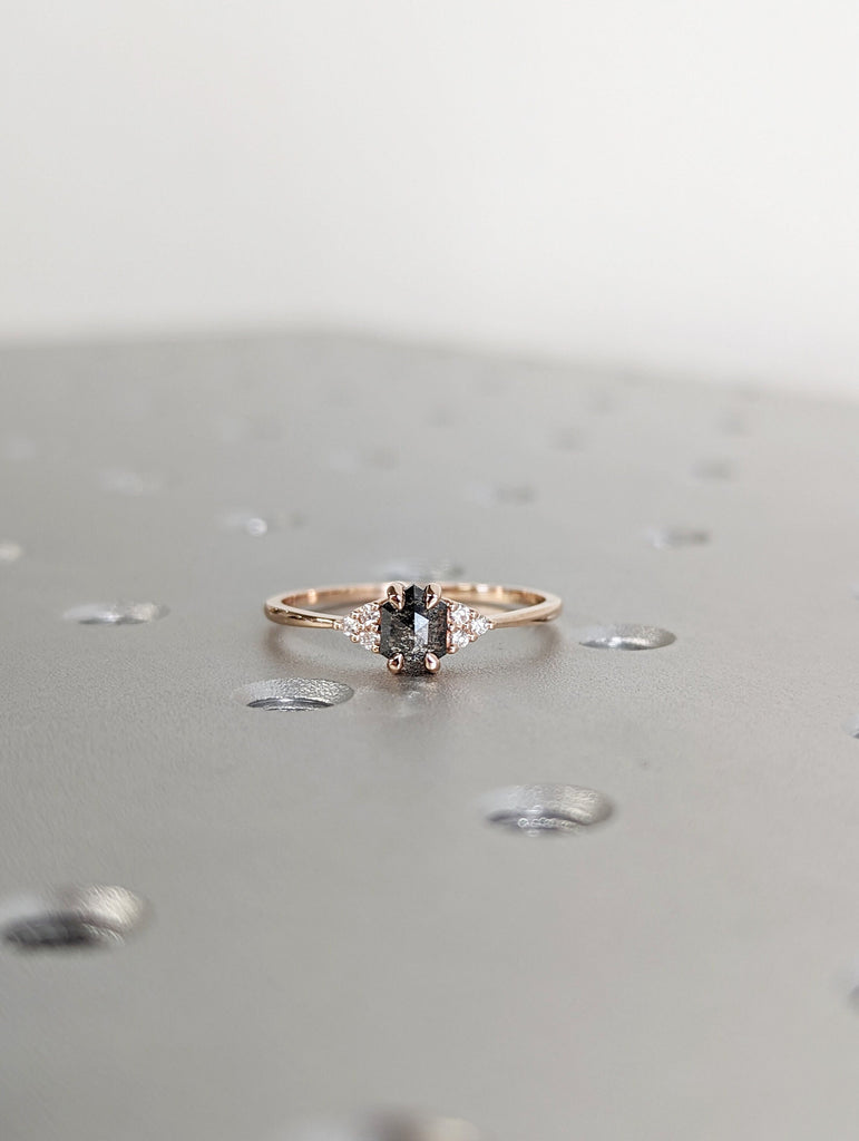 Vintage salt and pepper diamond engagement ring rose gold engagement ring diamond cluster ring wedding Bridal Anniversary Hexagon Cut