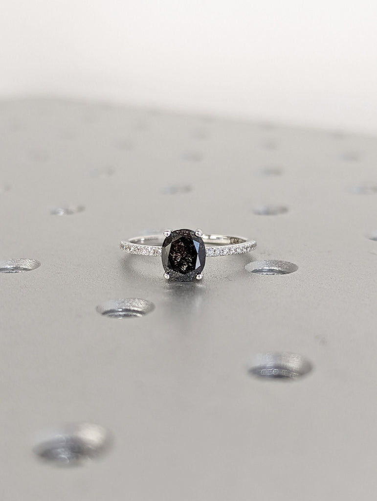 1920's Raw Salt and Pepper Diamond, Oval Diamond Ring, Unique Engagement Bridal Set, Black, Gray Oval, 14k Yellow, Rose, or White Gold