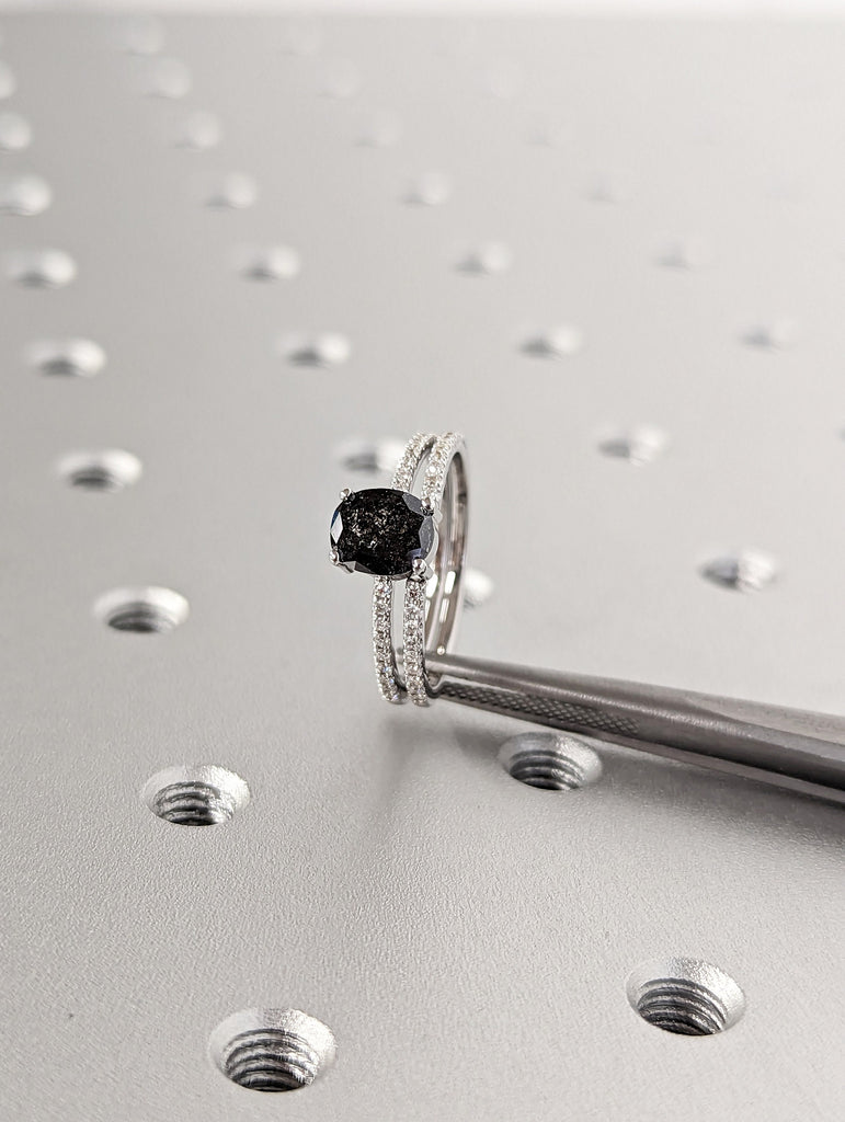 1920's Raw Salt and Pepper Diamond, Oval Diamond Ring, Unique Engagement Bridal Set, Black, Gray Oval, 14k Yellow, Rose, or White Gold