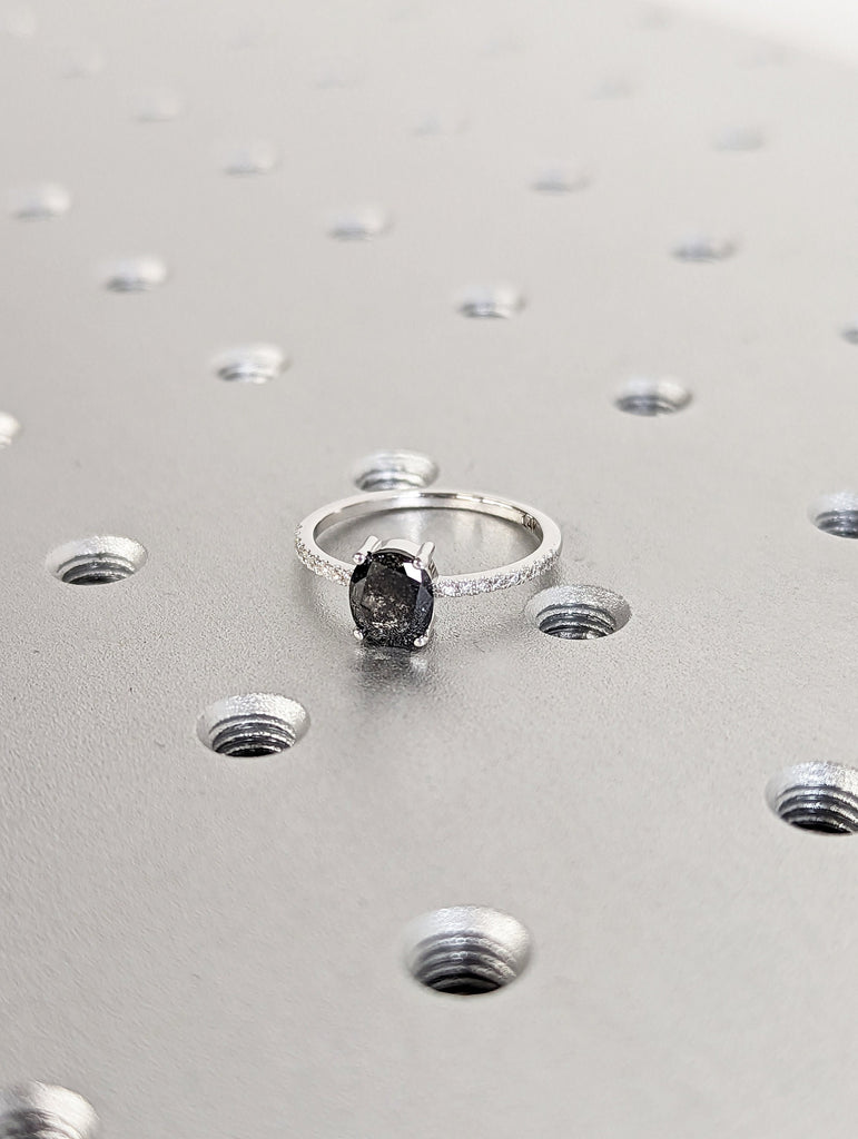 1920's Raw Salt and Pepper Diamond, Oval Diamond Ring, Unique Engagement Bridal Set, Black, Gray Oval, 14k Yellow, Rose, or White Gold