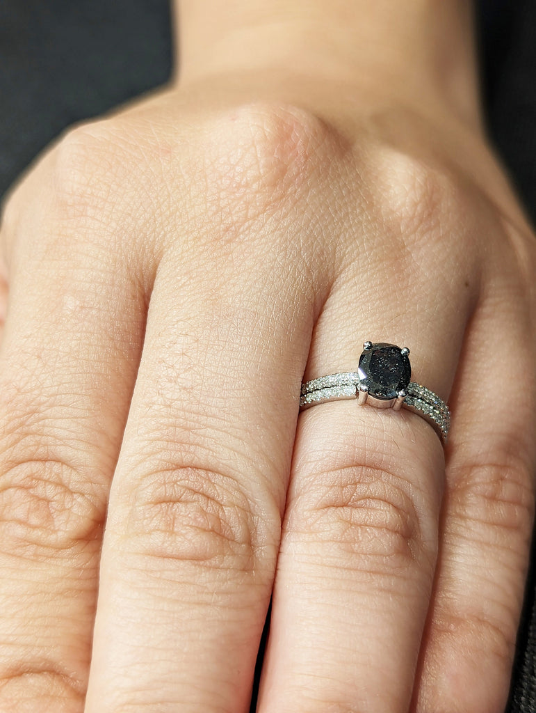 1920's Raw Salt and Pepper Diamond, Oval Diamond Ring, Unique Engagement Bridal Set, Black, Gray Oval, 14k Yellow, Rose, or White Gold