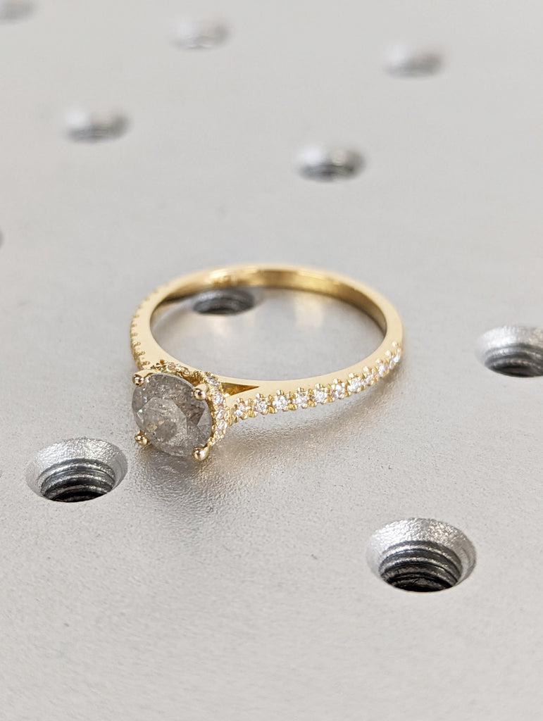 Vintage Hidden Halo Salt and Pepper Diamond Engagement Ring, Pave Accent Stack Ring, 14K Gold Ring For Women, Half Eternity Diamond Ring