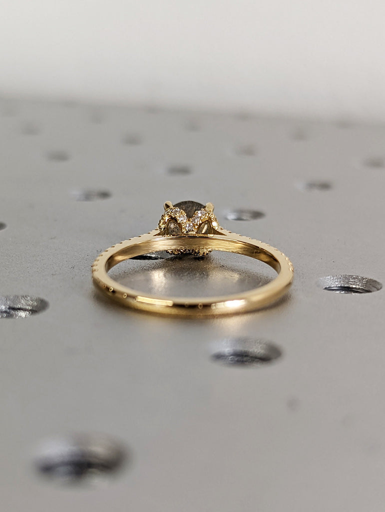 Vintage Hidden Halo Salt and Pepper Diamond Engagement Ring, Pave Accent Stack Ring, 14K Gold Ring For Women, Half Eternity Diamond Ring