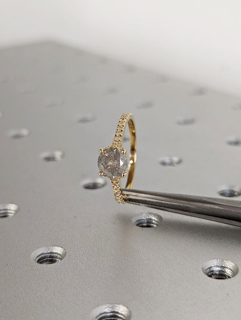 Salt and pepper engagement ring round cut vintage engagement ring prong set ring diamond ring rose gold anniversary ring
