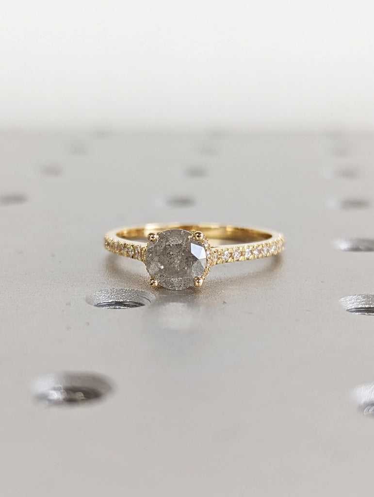 Salt and pepper engagement ring round cut vintage engagement ring prong set ring diamond ring rose gold anniversary ring