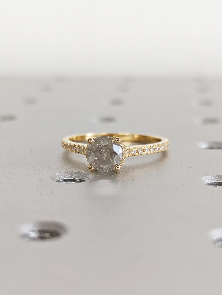 Vintage Hidden Halo Salt and Pepper Diamond Engagement Ring, Pave Accent Stack Ring, 14K Gold Ring For Women, Half Eternity Diamond Ring