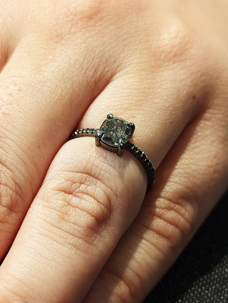 1.0 Carat 1920's Raw Salt and Pepper Diamond, Cushion Diamond Ring, Unique Engagement Bridal, Black, Gray 14k Black, Yellow, Rose White Gold