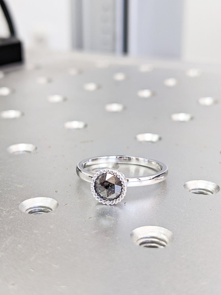 Raw Salt And Pepper Diamond Ring White Gold Round Bezel Ring, Salt And Pepper Engagement Ring, Unique Basket Gallery, Milgrained Bezel, Nyla