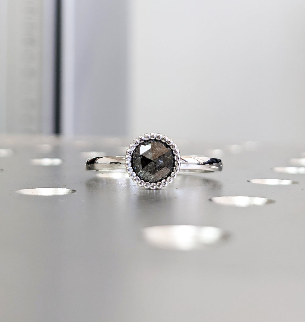 Raw Salt And Pepper Diamond Ring White Gold Round Bezel Ring, Salt And Pepper Engagement Ring, Unique Basket Gallery, Milgrained Bezel, Nyla