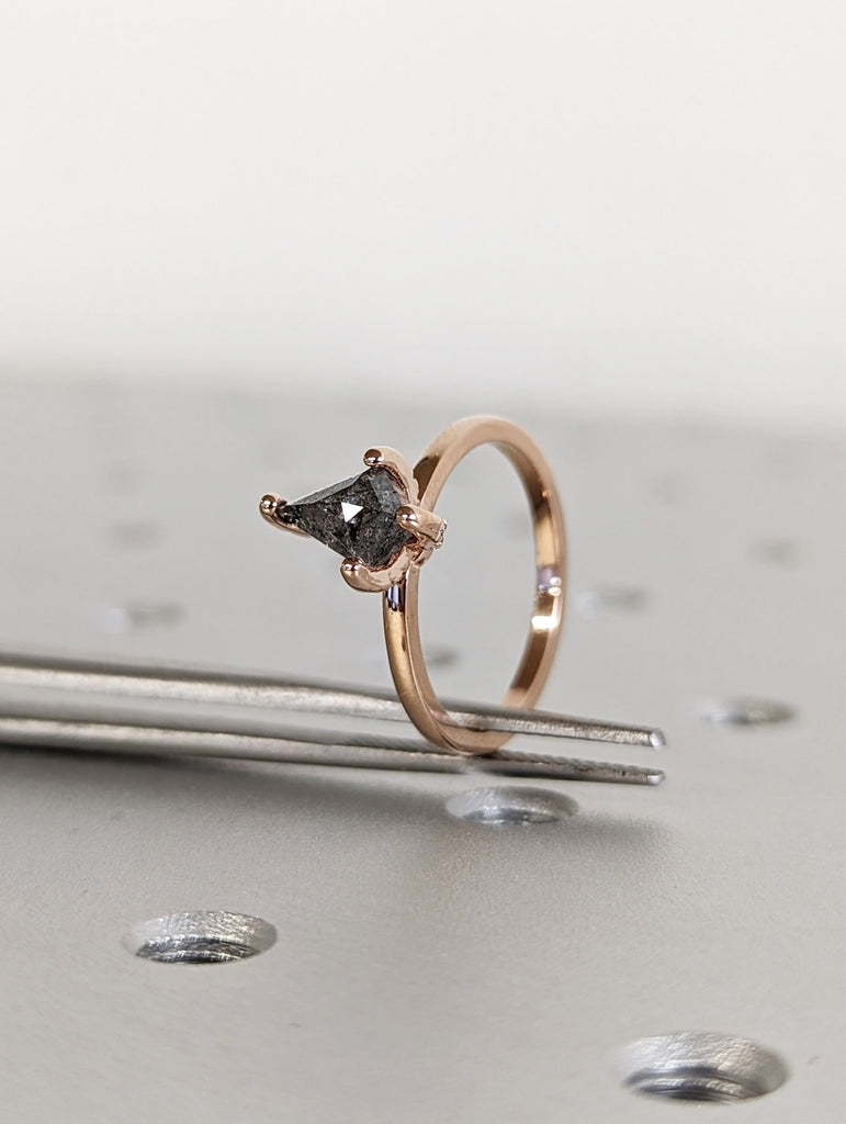 1920's Raw Salt and Pepper Diamond, Kite Diamond Ring, Unique Engagement Ring, Hidden Diamonds, Delicate Salt And Pepper Diamond Ring