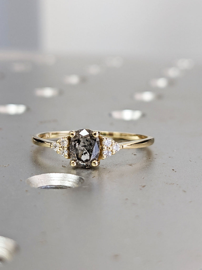 Vintage salt and pepper diamond engagement ring Yellow Gold engagement ring diamond cluster oval ring wedding Bridal Anniversary