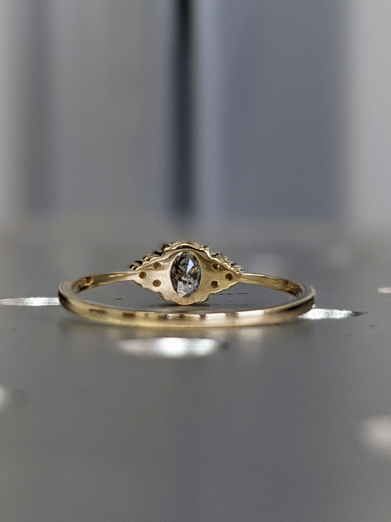 Vintage salt and pepper diamond engagement ring Yellow Gold engagement ring diamond cluster oval ring wedding Bridal Anniversary