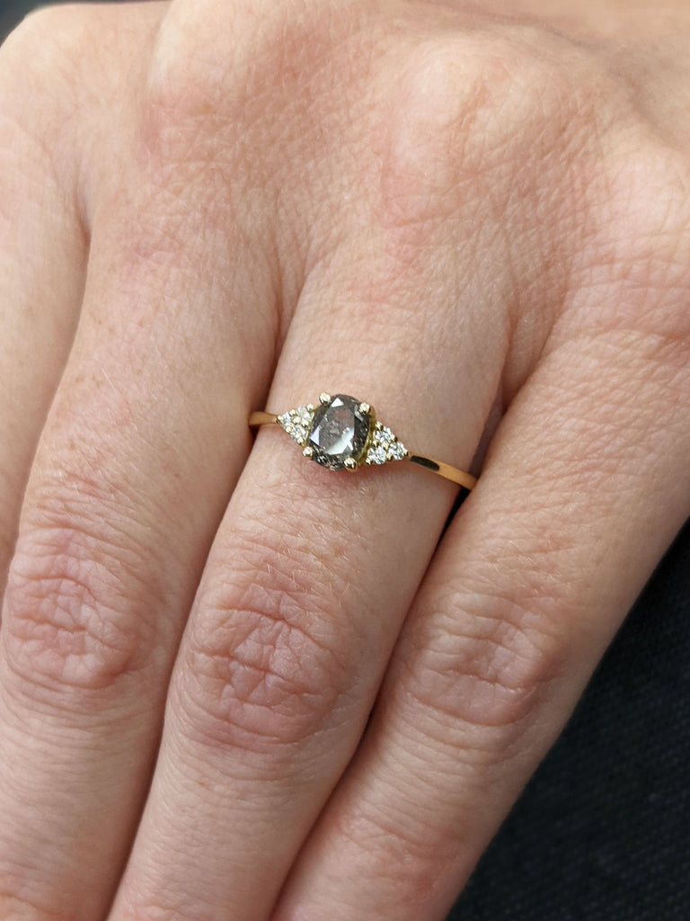 Vintage salt and pepper diamond engagement ring Yellow Gold engagement ring diamond cluster oval ring wedding Bridal Anniversary