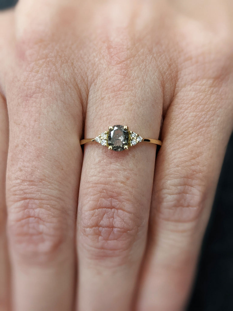Vintage salt and pepper diamond engagement ring Yellow Gold engagement ring diamond cluster oval ring wedding Bridal Anniversary